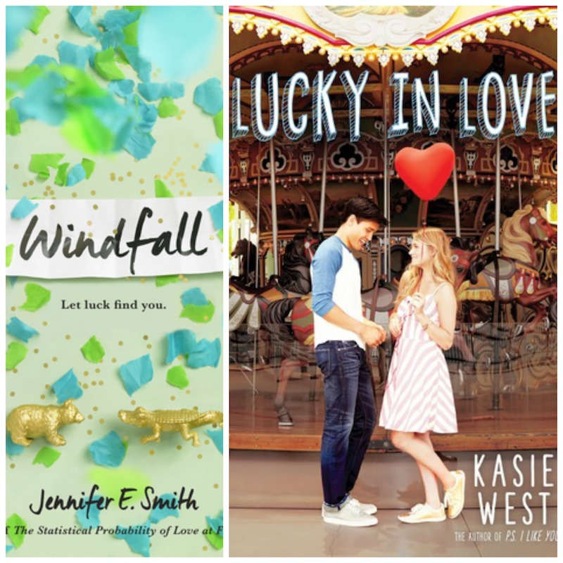 Photo of two YA Lottery-themed books, Windfall by Jennifer E. Smith and Lucky in Love by Kasie West