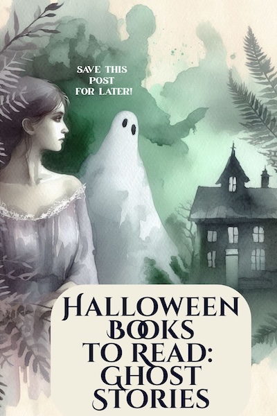 A watercolor image of a woman, a ghost and a Victorian mansion