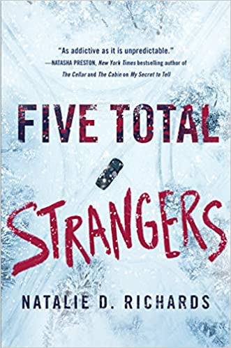 Cover of Five Total Strangers. Illustration of a white-out blizzard and a knife.