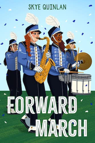 Illustration of a group of kids in marching band uniforms and playing instruments as they are walking across grass.