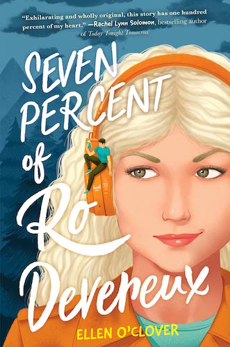A blond girl with earphones watches a tiny guy perched on one side of the earphones. 