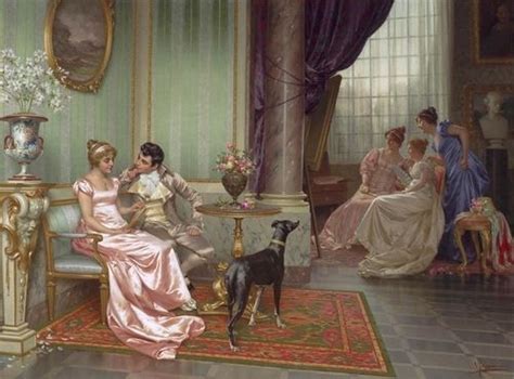 Regency painting of a man and woman talking while three women watch