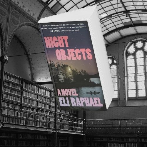 Cover of Night Objects by Eli Raphael against a black and white photo of a library