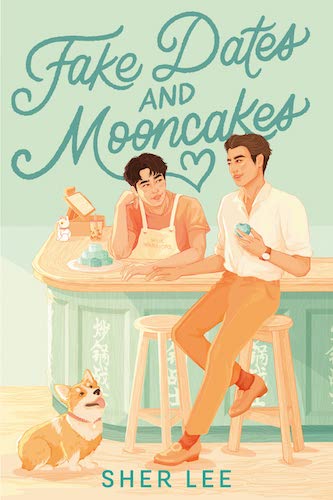 Illustration of two guys sitting at a kitchen counter with a corgi dog at their feet