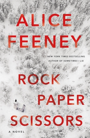 Cover of the book Rock Paper Scissors. Cover photo is an overhead shot of a church surrounded by trees and covered with snow.