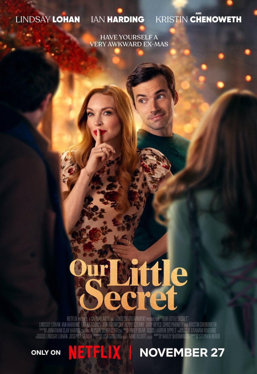 Movie Poster for Our Little Secret on Netflix starring Lindsay Lohan. A picture of a red haired woman holding her index finger in front of her mouth. A farm haired man in a green sweater stands next to her.
