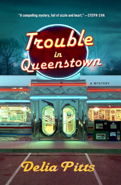 Cover of Trouble in Queenstown, an illustration of a diner at night