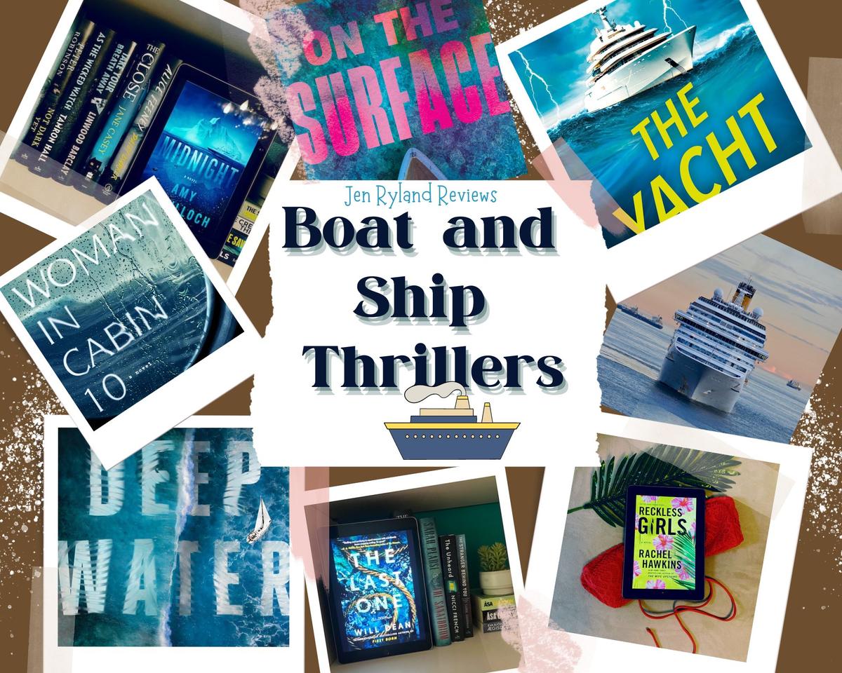 Thrillers set on boats and ships: a photo collage of books with mysteries set on ocean liners and yachts
