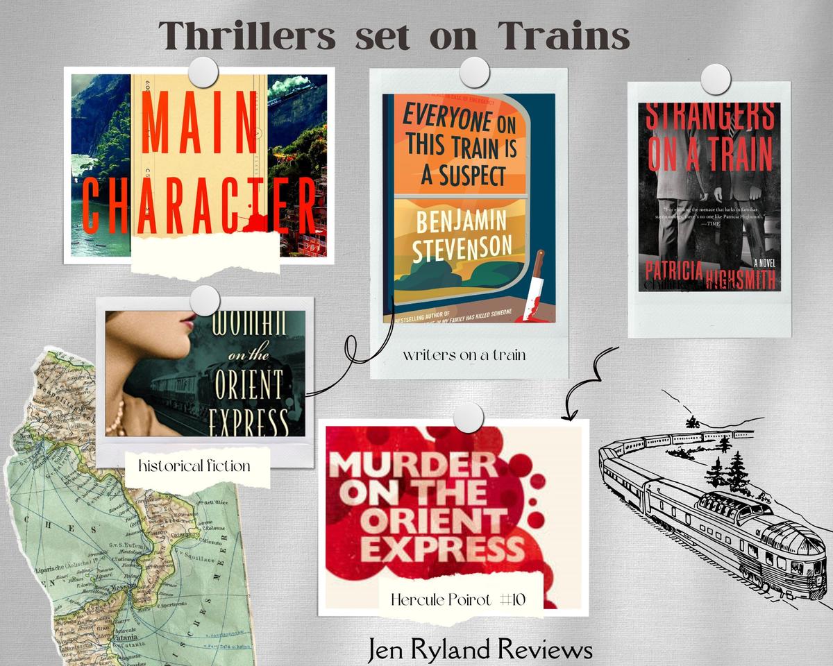 A photo collage of mystery and thriller books set on trains.