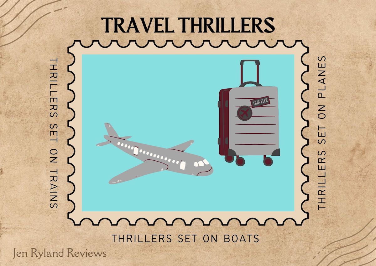 Thrillers on Airplanes Boats Cars and Trains: a graphic that looks like a stamp with a rolling suitcase and an airplane.