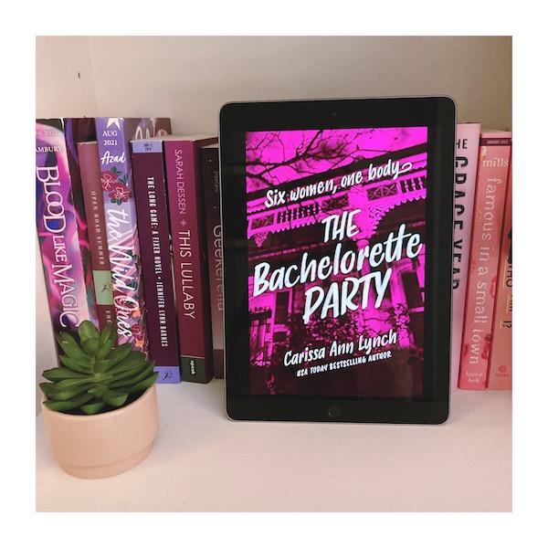Thrillers with Weddings: The Bachelorette Party cover on a shelf with pink book