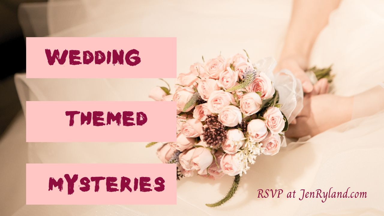 Wedding Mystery Books. Photo of hands holding wedding bouquet of pink roses