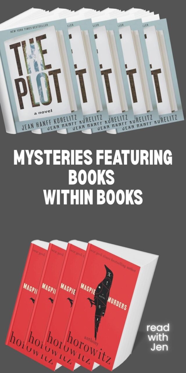 A copy of The Plot and a copy of Magpie Murders on a brown background