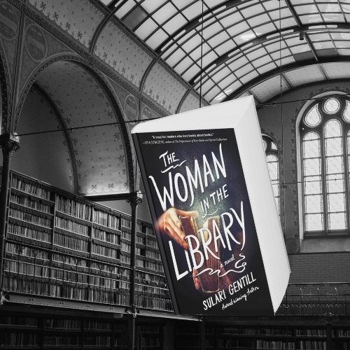 Copy of The Woman in the Library over a black and white photo of a library