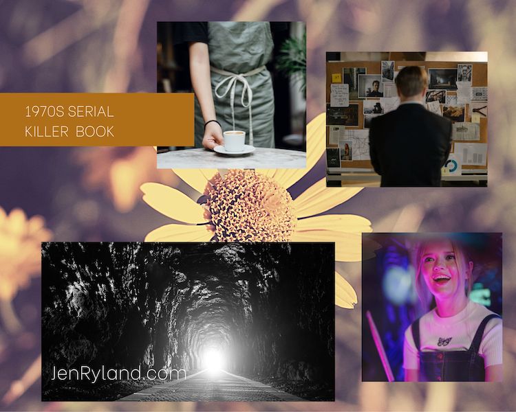 Photos on the mood board: a waiter, a man looking at a murder board, a spooky tunnel, and a teen girl playing the drums.
