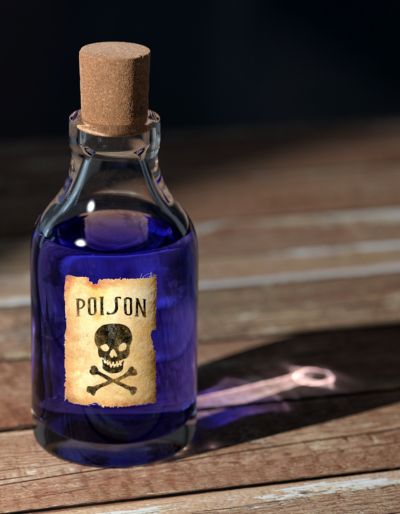 Glass bottle with purple liquid inside labeled "poison"