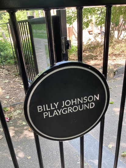 Photo of the sign for the Billy Johnson Playground in Central Park. Photo by Jen Ryland LLC.