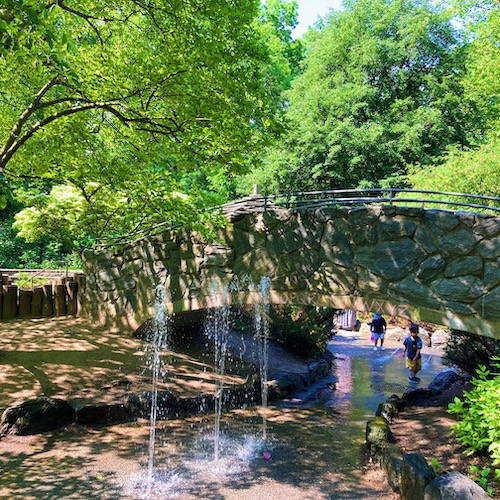Photo of the bridge and water feature at Billy Johnson Playground in Central Park. Photo by Jen Ryland LLC.