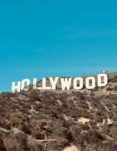 Hollywood sign under a blue sky