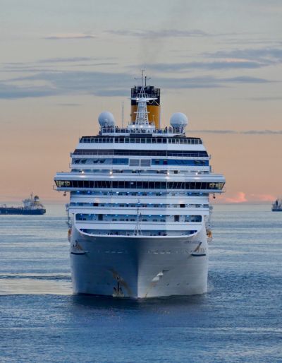 A cruise ship sails on the water