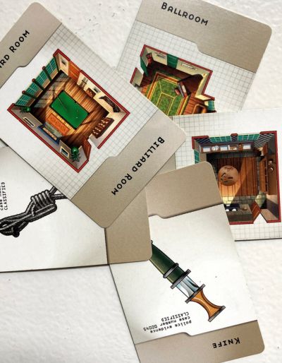 Cards from the game Clue featuring a ballroom, billiards room, kitchen, knife and rope