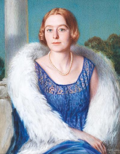 Oil painting portrait of a blond woman with blue eyes win a blue dress and fluffy white wrap