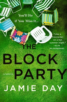 Cover of The Block Party. Overhead photo of a circle of lawn chairs on green grass.