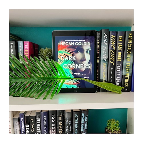 Photo of the ebook Dark Corners on a bookshelf with thrillers and a palm frond like the one on the cover.