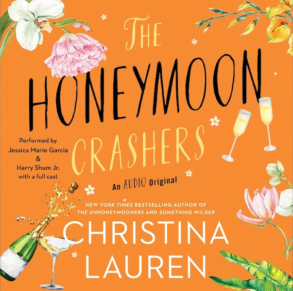 Cover of The Honeymoon Crashers, which features illustrated Hawaiian wedding motifs like tropical flowers and glasses of champagne