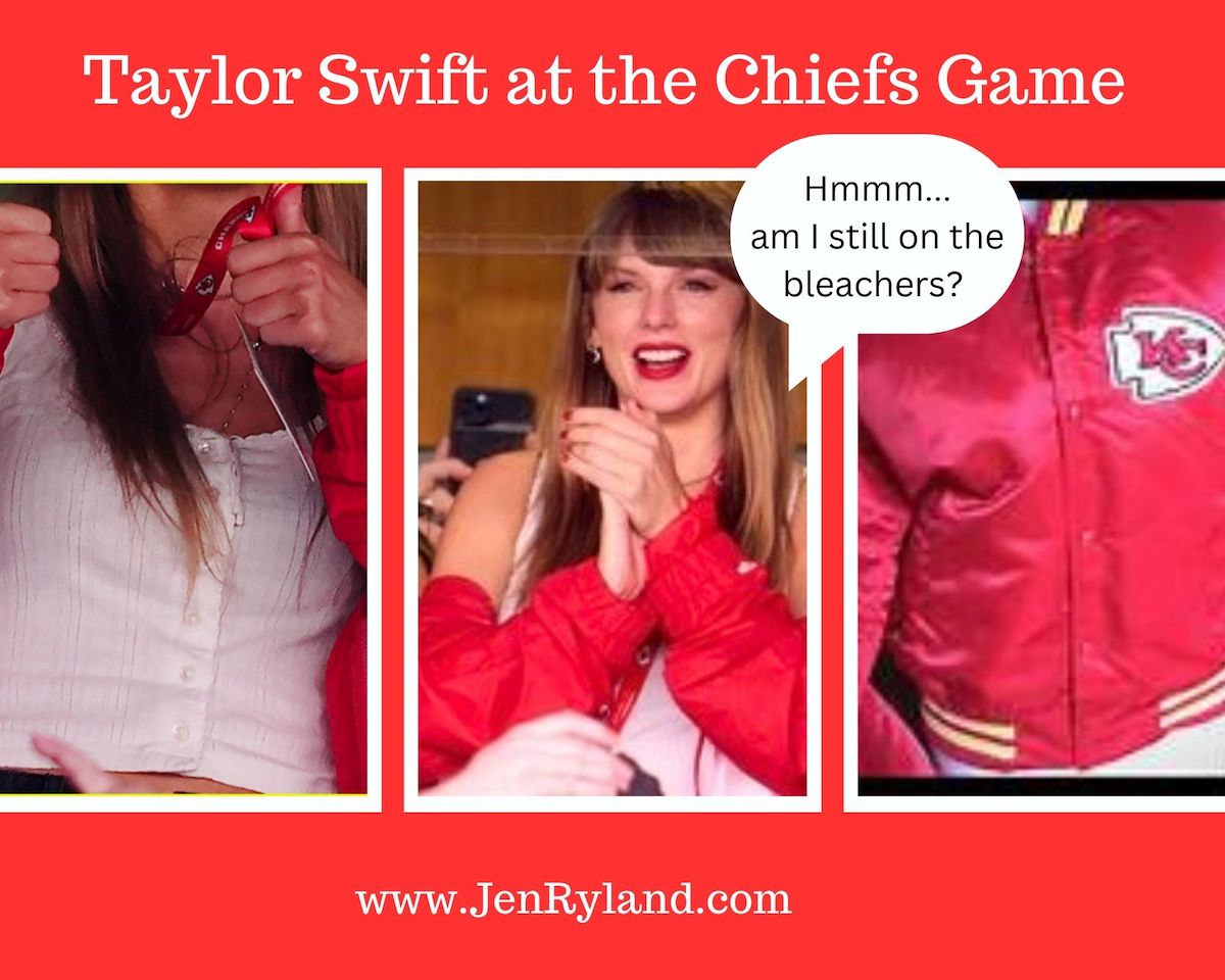 Photo of Taylor Swift's white camisole, and red Kansas City Chiefs jacket.