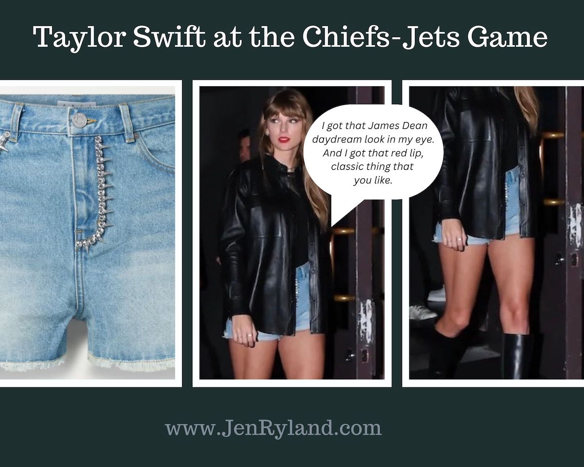 Photos of Taylor Swift's bedazzled denim shorts, knee high black boots, and black leather shirt jacket from the Jets Chiefs game.