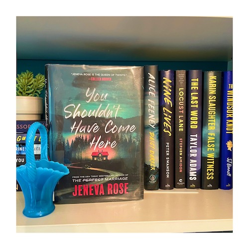 Original photo by Jen Ryland of a copy of You Shouldn't Have Come Here by Jeneva Rose on a bookcase with a blue glass basket next to it.