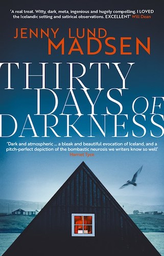 Cover of Thirty Days of Darkness features the roof of a house against a blue gray sky with a single bird