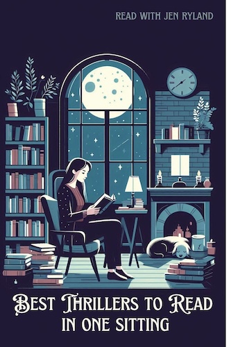 Best Thrillers to read in one sitting. Illustration of a woman in a library late at night. The moon shines outside and a dog sleeps at her feet
