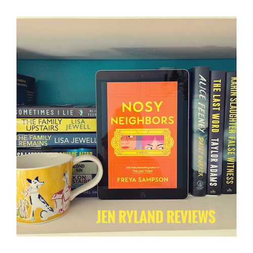 Original photo by Jen Ryland of a copy of Nosy Neighbors on a shelf with other thrillers with yellow text, plus a bright yellow mug painted with dogs.
