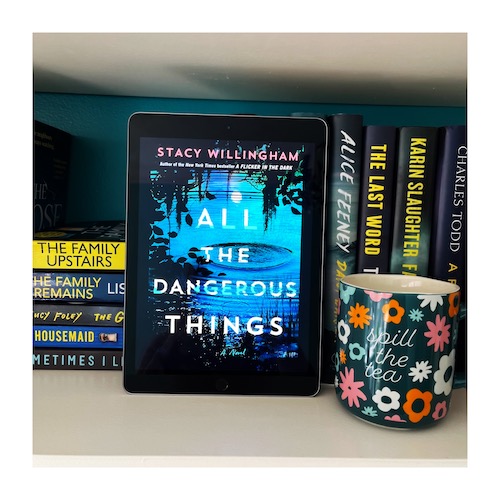Original photo of a copy of All the Dangerous Things by Stacy Willingham. A copy of the book on a shelf near other thrillers and a flowered mug