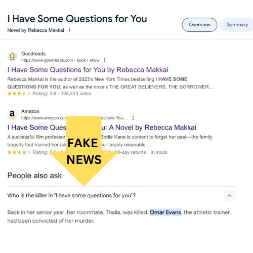 Screenshot from a Google search on the book "who is the Killer in I Have Some Questions for You." WRONG ANSWER