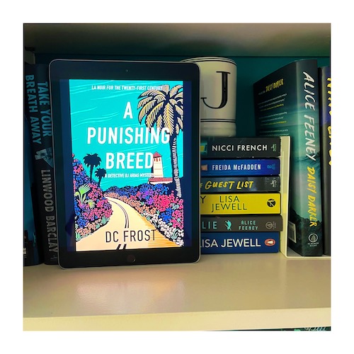 Original cover of the cover of The Punishing Breed, a modern LA noir, on a bookshelf