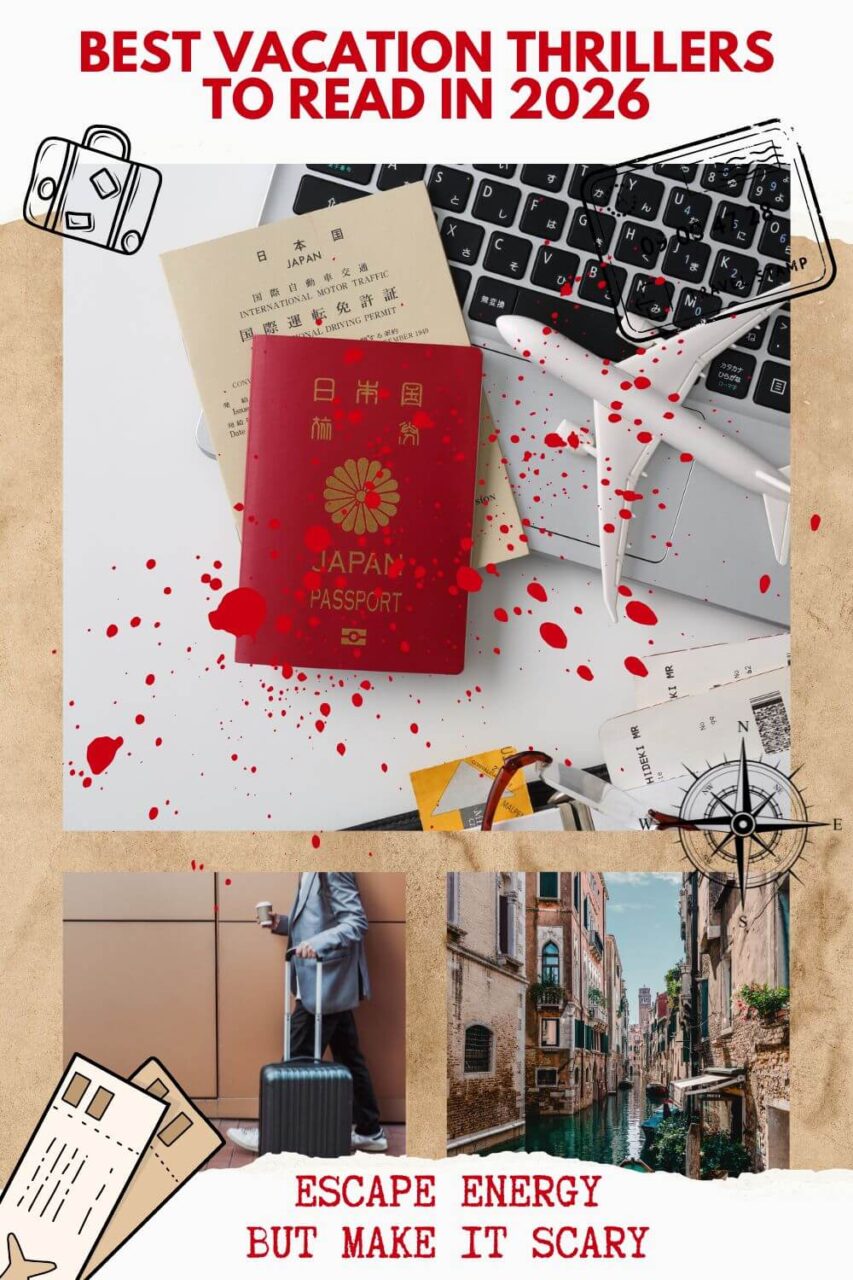 The Best Vacation and Destination Thrillers to Read in 2026: travel documents spattered with red