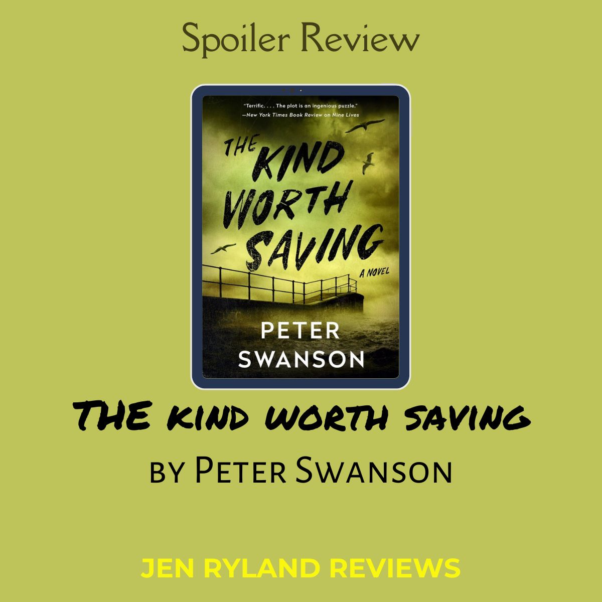 Graphic for Spoilers and The Ending Explained for the Kind Worth Saving. The book's cover, which shows a jetty in front of an acid yellow sky