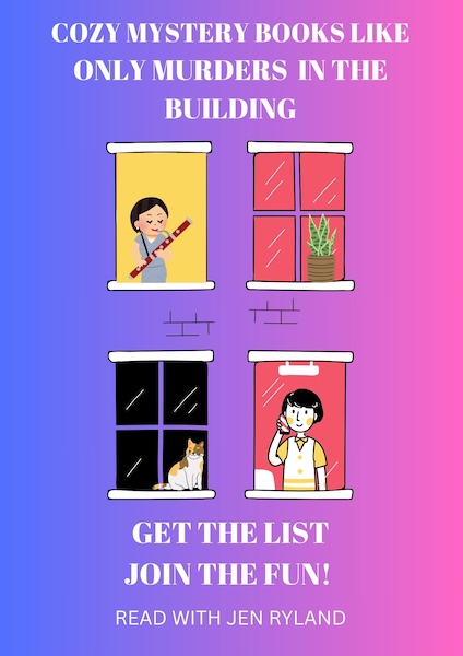 Original Graphic of windows in a high rise with a cat, a clarinet player, and a plant inside