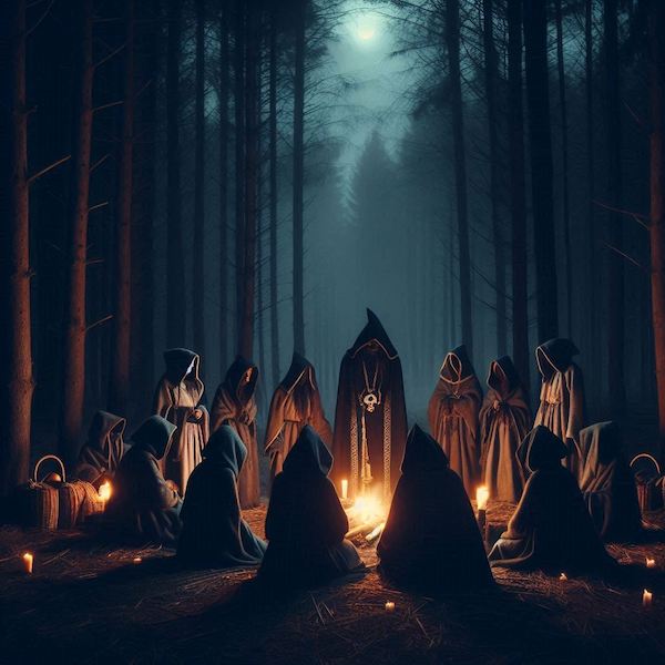 A group of hooded people standing around a fire in the woods