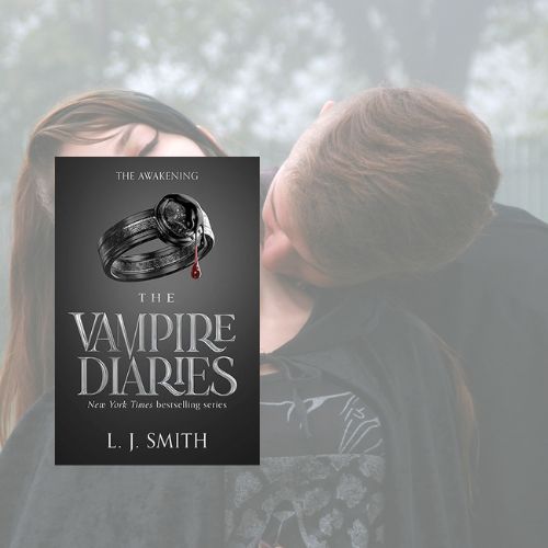 Cover of The Vampire Diaries superimposed over a vampire biting a woman's neck