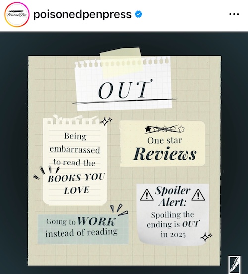 Screenshot of an Instagram post by Poisoned Pen Press about Ins and Outs of 2025