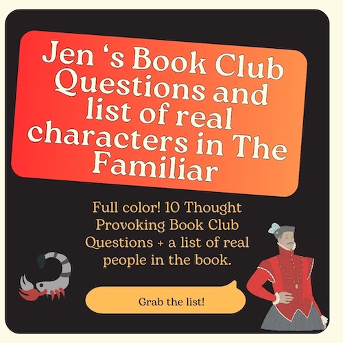 Small graphic for Jen's Book Club Question and list of real characters in the Familiar by Leigh Bardugo. Graphic has an illustration of a scorpion.