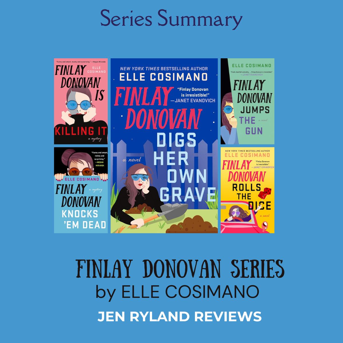 Series summary review header for Finlay Donovan books one to five. Features all five covers in a collage