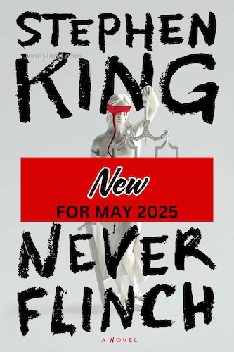 Cover of Never Flinch by Stephen King which has lady justice with a red blindfold on a grey cover