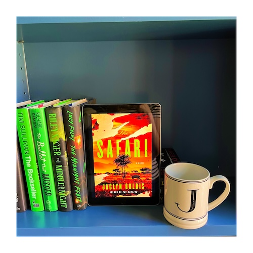 Original photo of Safari on a bookshelf with other bright green books and a J mug
