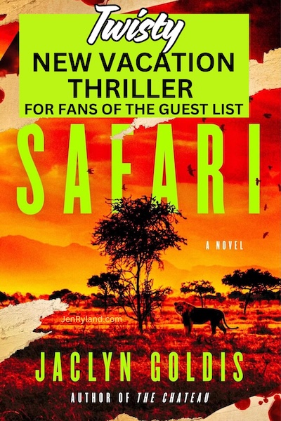 Graphic for my Readers Guide to the Safari, a new thriller. The cover shows a dramatic African landscape with a watering hole and animals, all in shades of red and orange