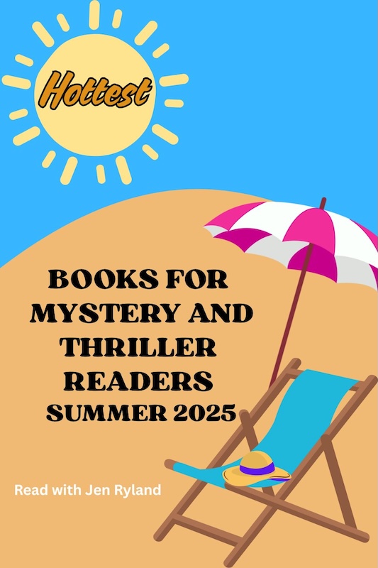 Best Books for Mystery and Thriller Readers in Summer 2025. Illustration of a blue beach chair and a red and white striped umbrella with a straw hat